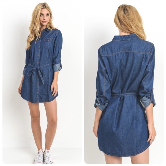 The NEW Boutique Dresses & Skirts - Long Sleeve Chambray Belted Shirt Dress